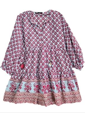 Zara Dress Pink Blue Floral Cotton Oversize Boho Beach Vacation Coastal Womens L